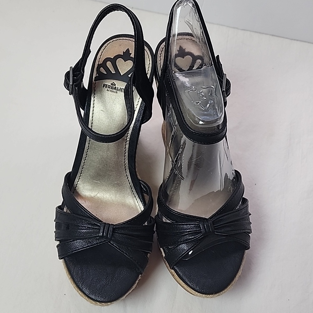 NWT Fergalicious By Fergie Black Wedge Sandals Size 6 4.5" Heel - Picture 6 of 11